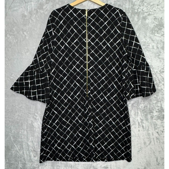 Calvin Klein Dress Womens 14 Black White Plaid Shift 3/4 Bell Sleeve Stretch - Picture 2 of 9